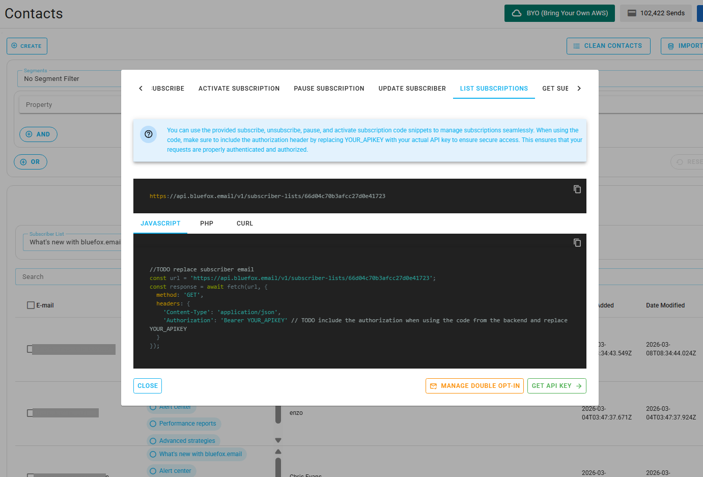 Screenshot of the code guide dialog in a subscriber list.