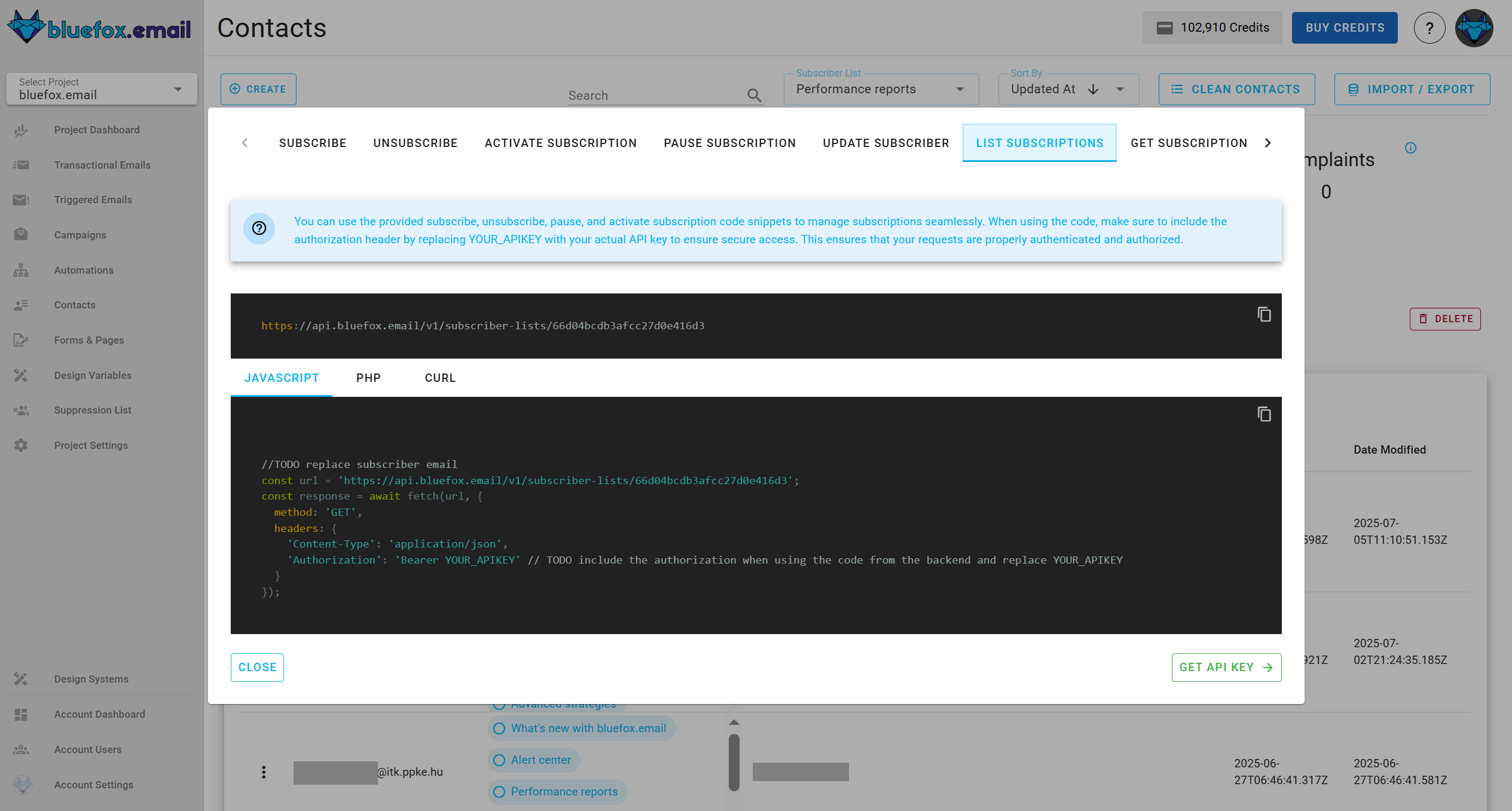 Screenshot of the code guide dialog in a subscriber list.