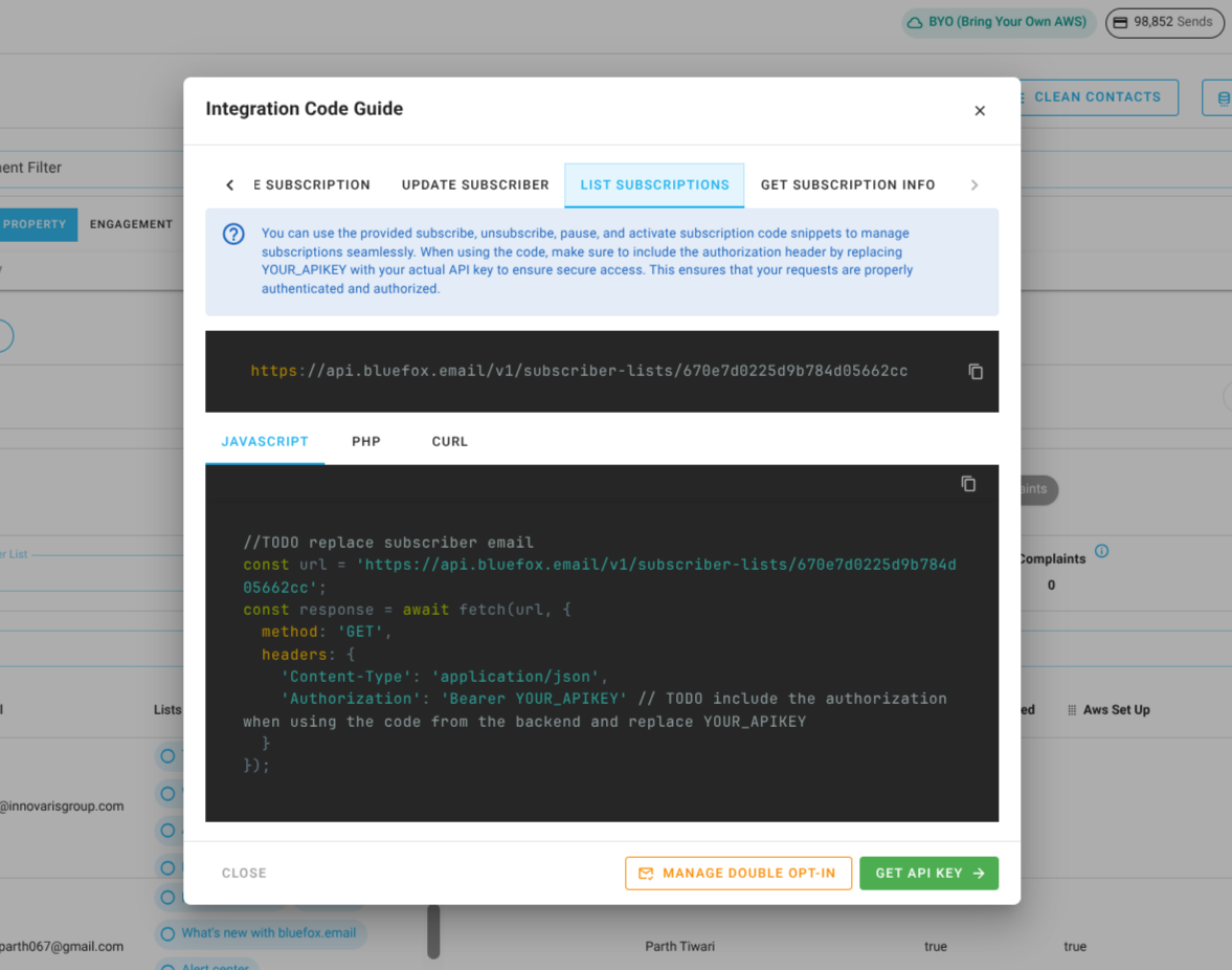 Screenshot of the code guide dialog in a subscriber list.