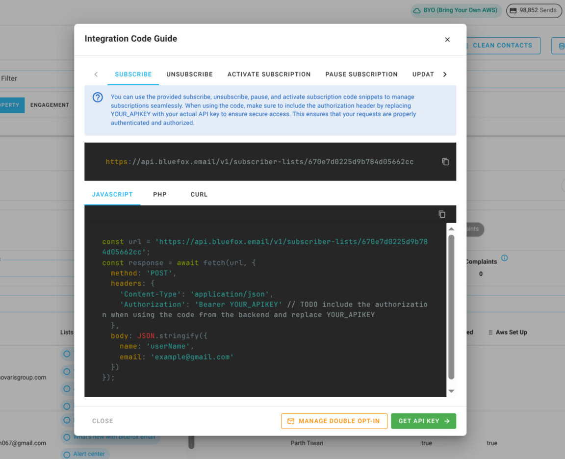 Screenshot of the code guide dialog in a subscriber list.