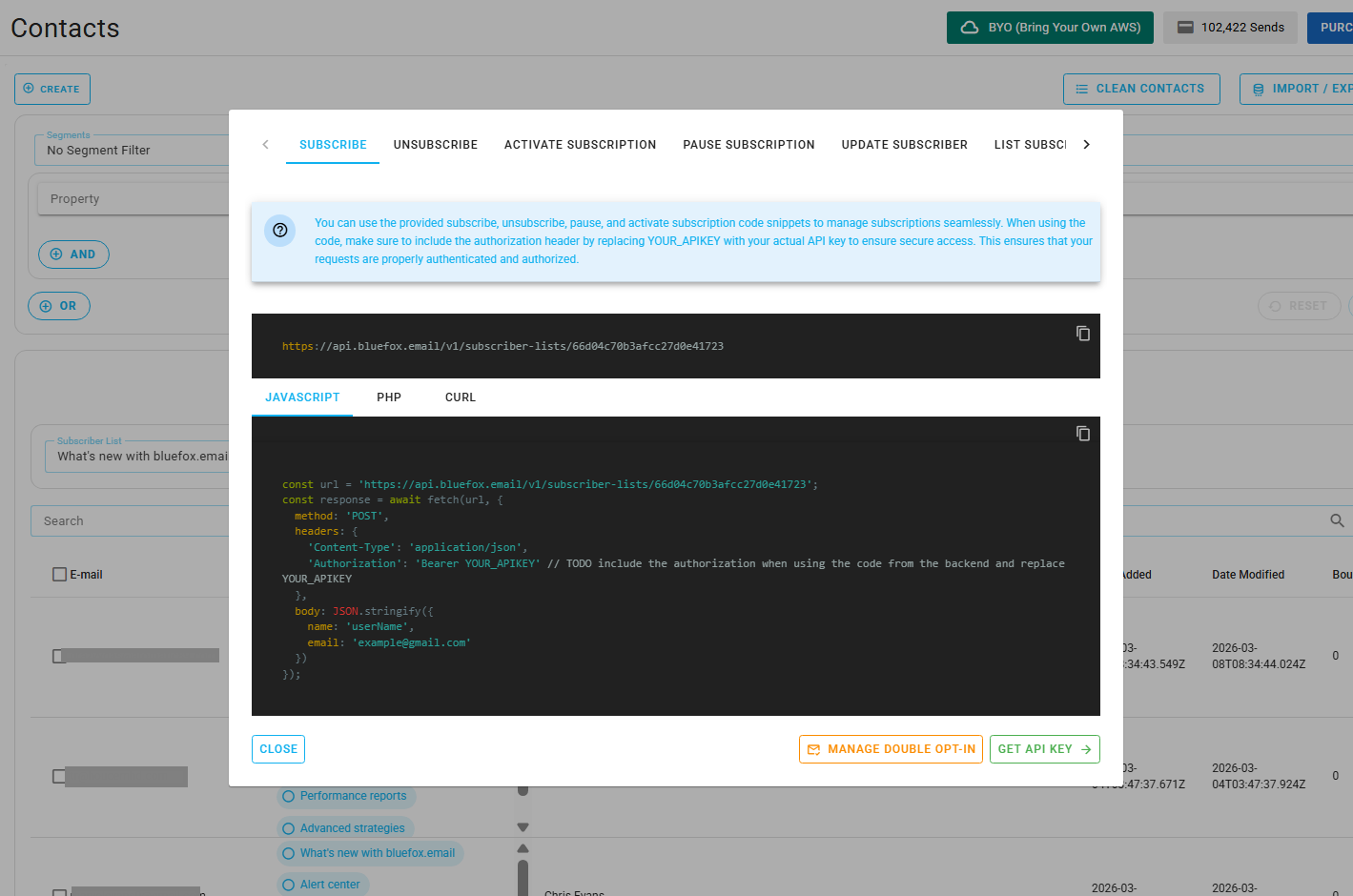 Screenshot of the code guide dialog in a subscriber list.