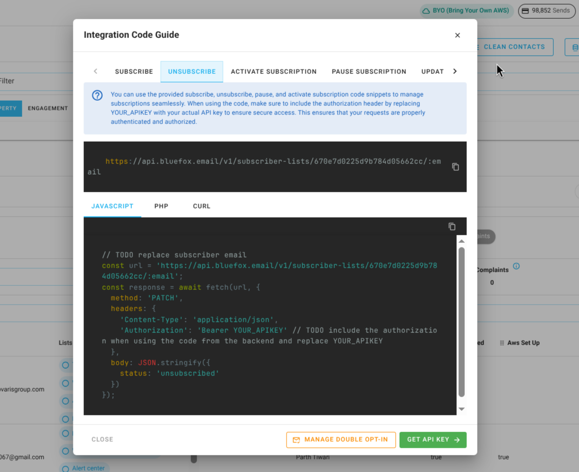 Screenshot of the code guide dialog in a subscriber list.