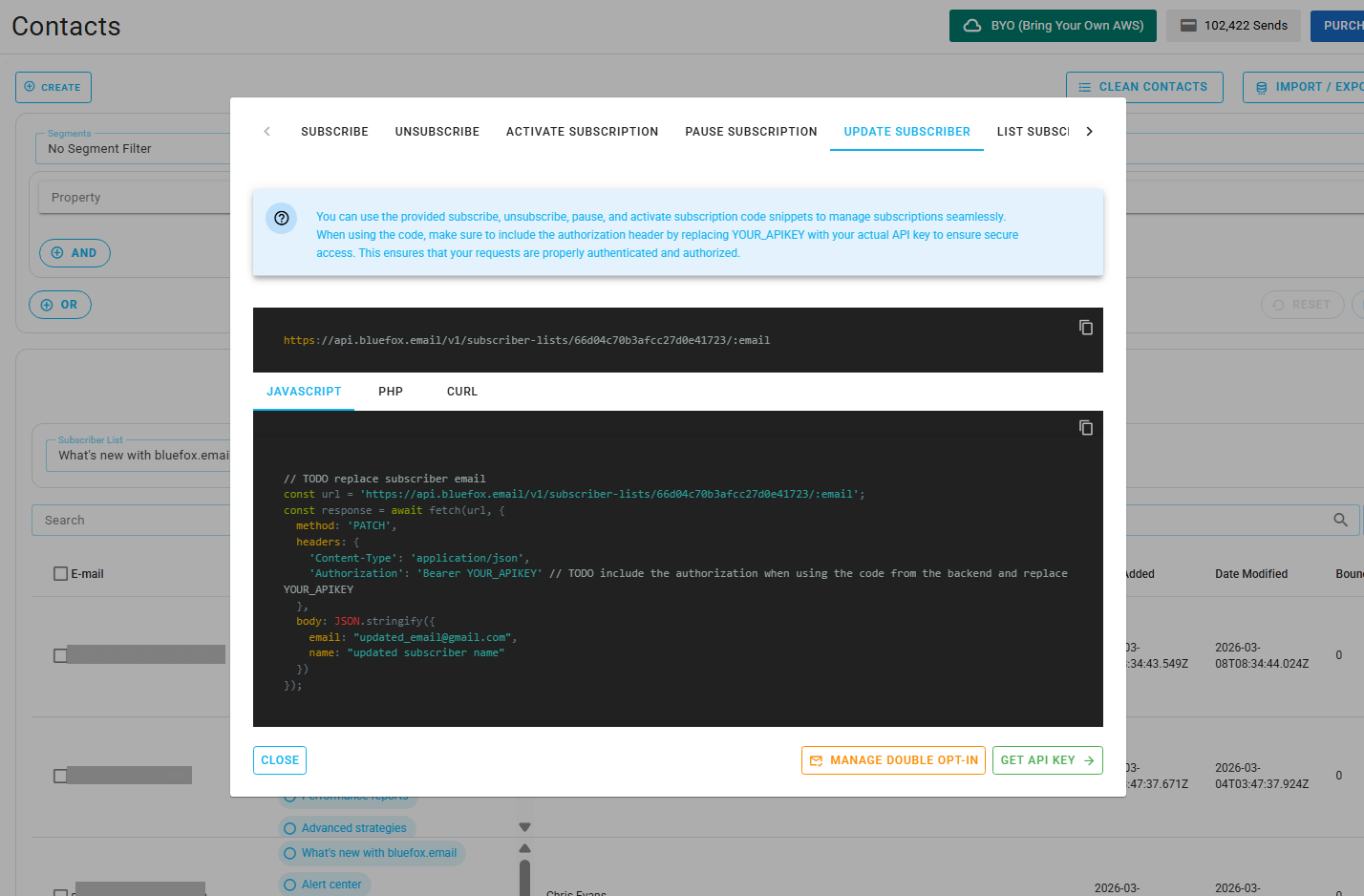 Screenshot of the code guide dialog in a subscriber list.