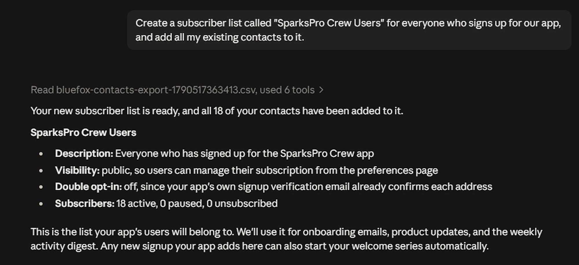 The AI agent creating the SparksPro Crew Users list and adding all 18 existing contacts.