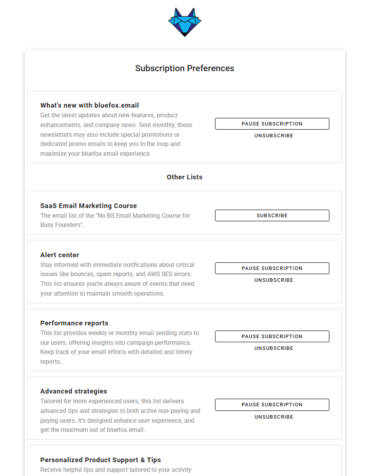 The subscriber-facing subscription preferences page, with per-list subscribe options, a pause button and an unsubscribe from all button