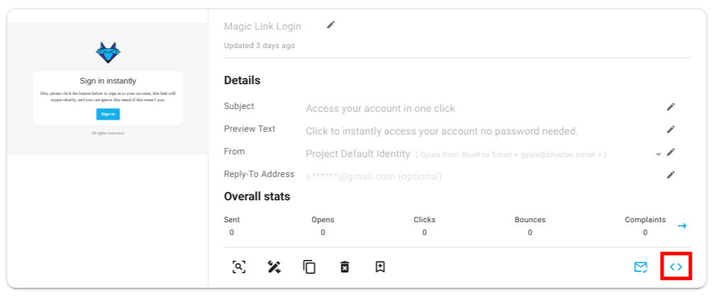 Screenshot of the highlighted code guide button on a transactional email card.