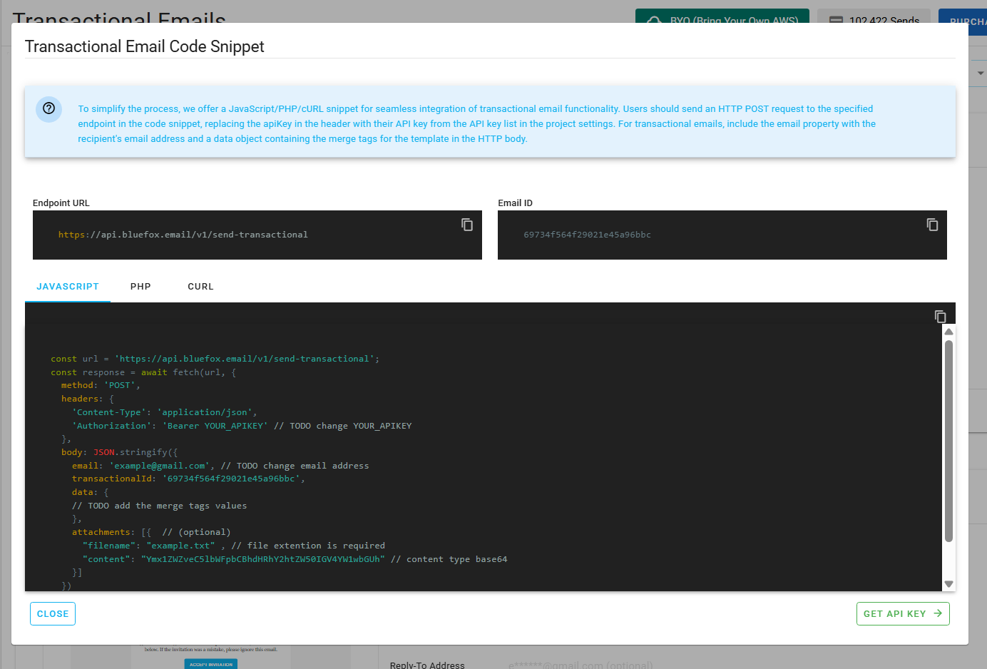 Screenshot of a code guide dialog for a transactional email