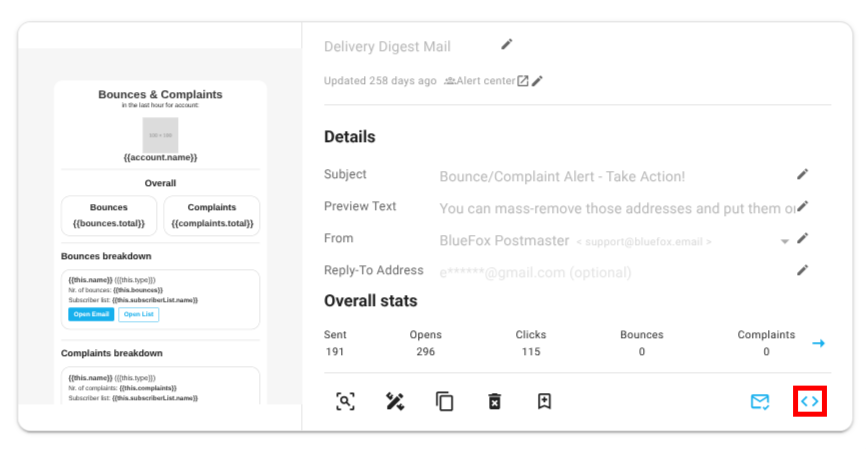 Screenshot of the highlighted code guide button on a triggered email card.