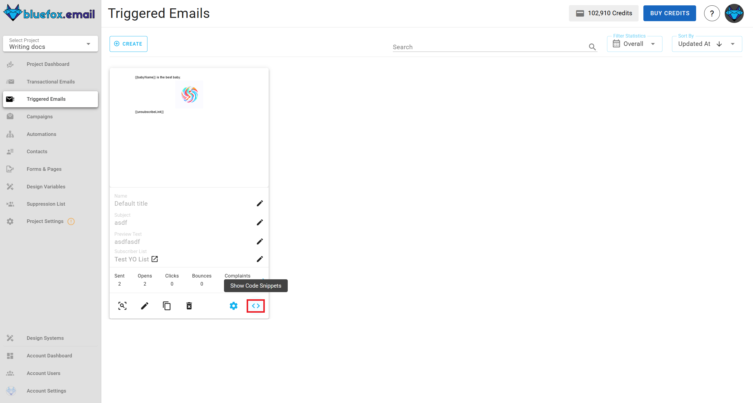 Screenshot of the highlighted code guide button on a triggered email card.