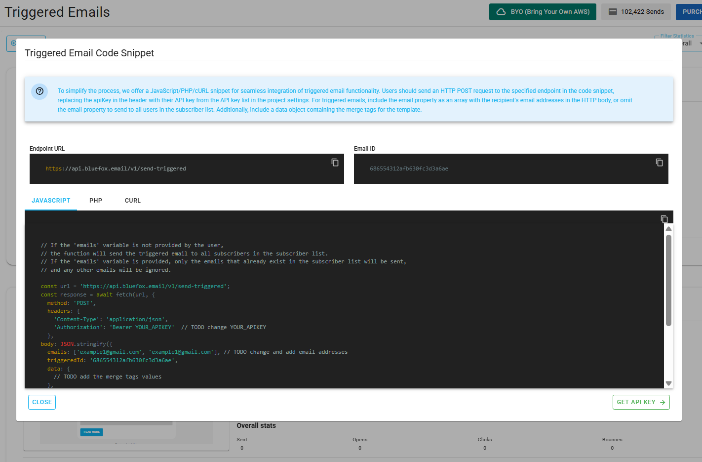 Screenshot of a code guide dialog for a triggered email