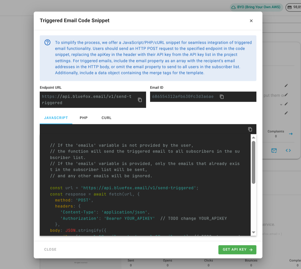 Screenshot of a code guide dialog for a triggered email
