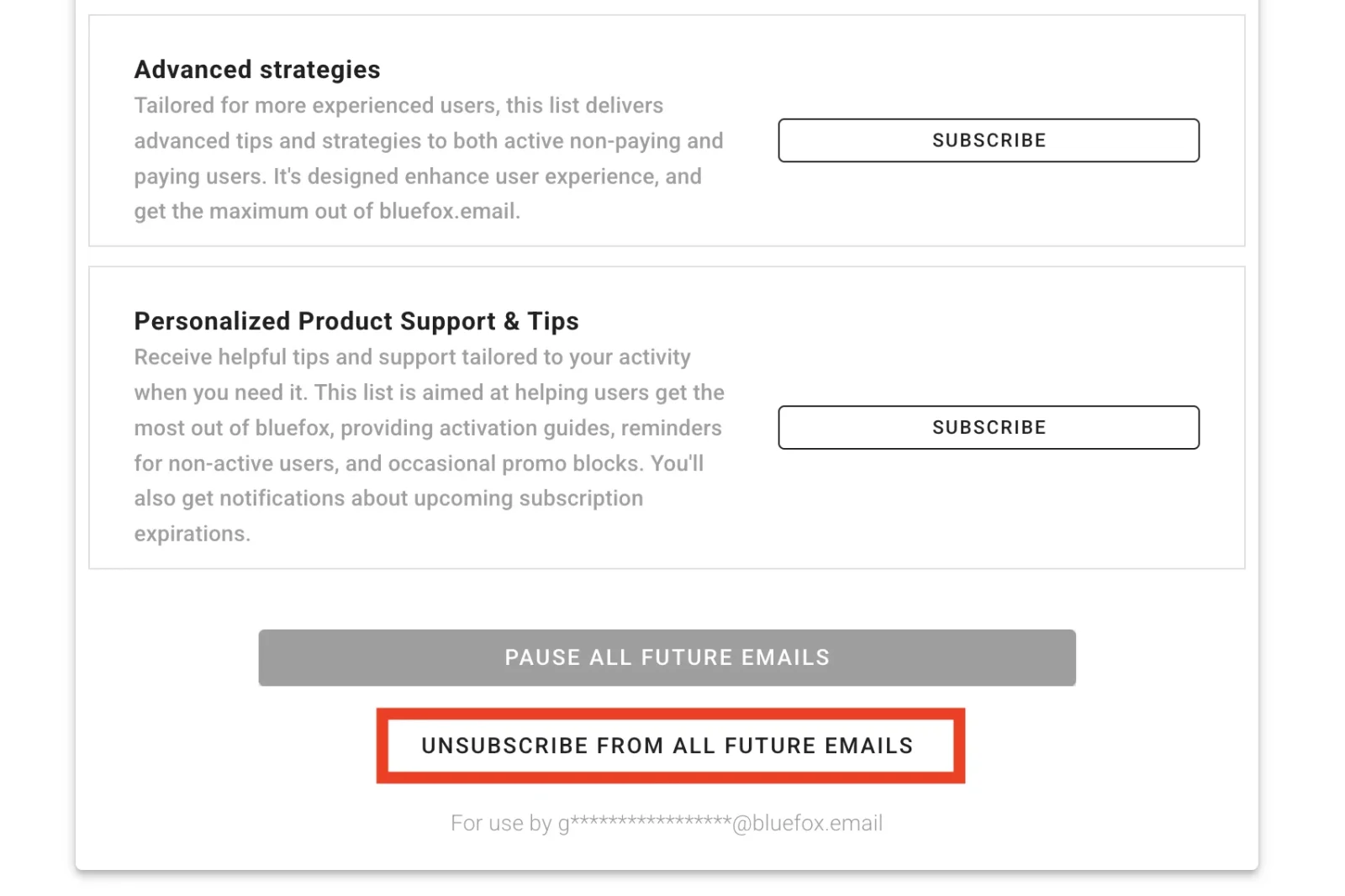 Subscription preferences page showing per-list subscribe options, a pause-all-future-emails button and an unsubscribe-from-all-future-emails button