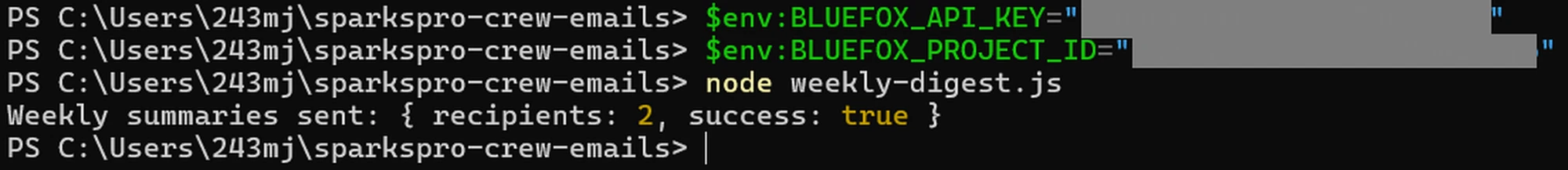 A terminal running weekly-digest.js, which prints that the weekly summaries were sent to 2 recipients.