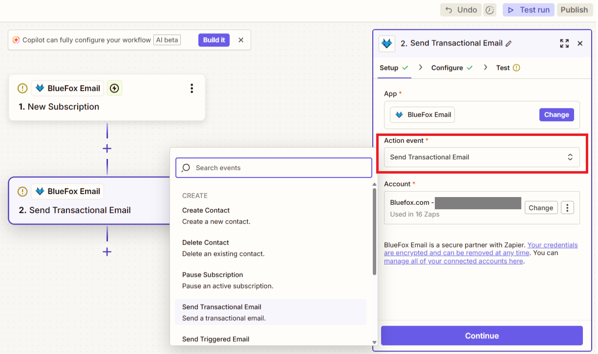screenshot of bluefox email actions in zapier