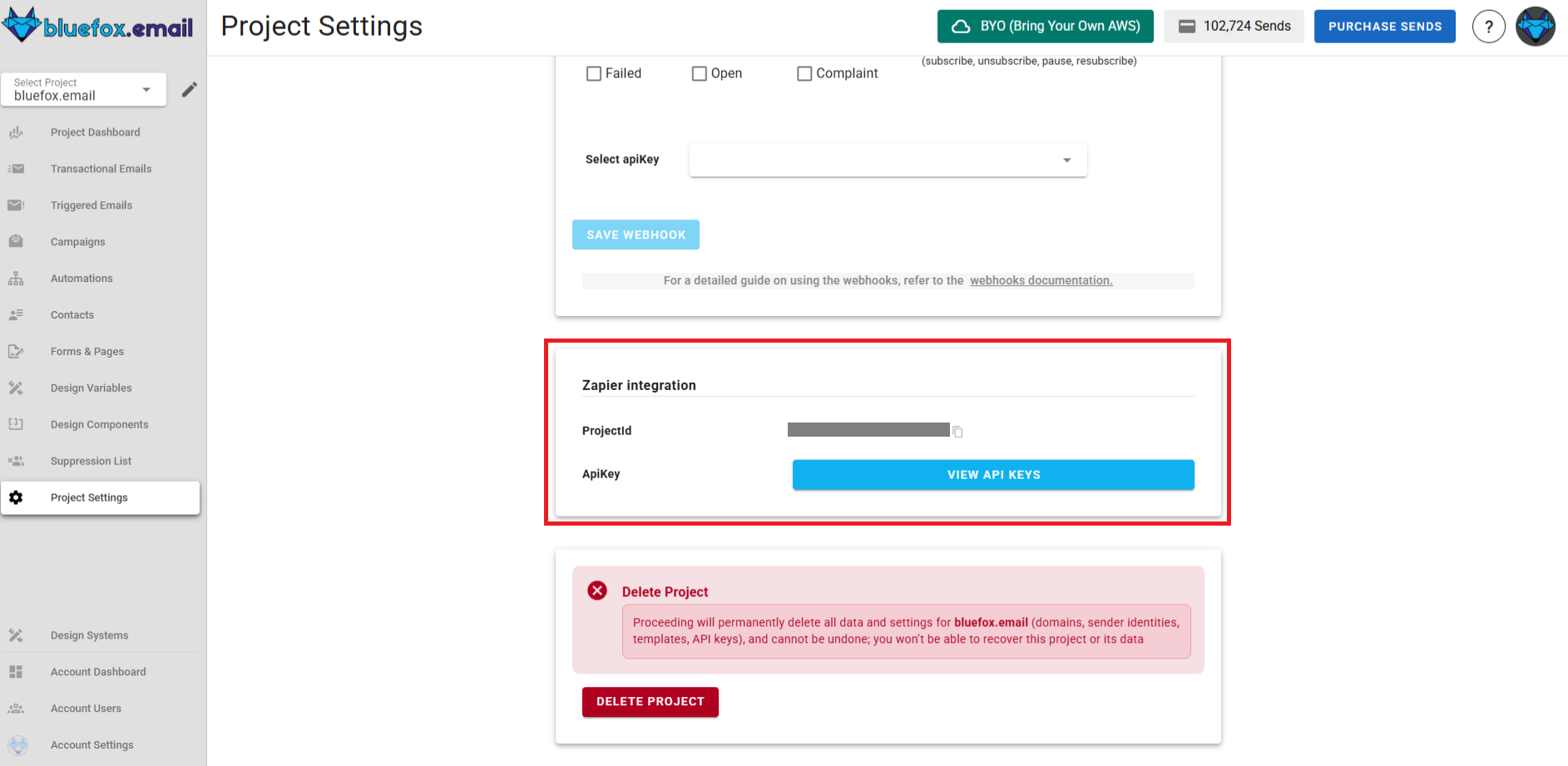 screenshot of bluefox email api key in project settings