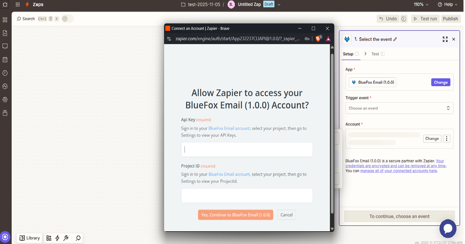 screenshot of bluefox email api key and project id in zapier