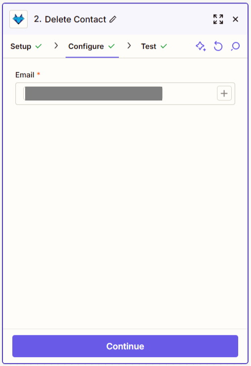 screenshot of bluefox email delete contact action in zapier