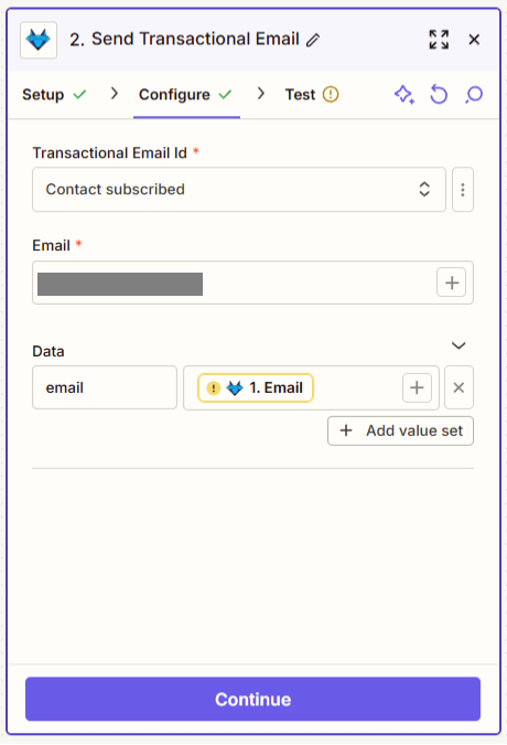 screenshot of bluefox email send transactional email action in zapier