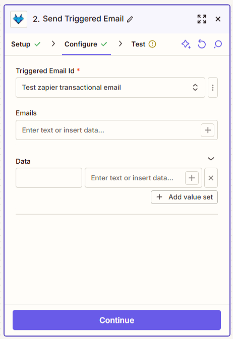 screenshot of bluefox email send triggered email action in zapier