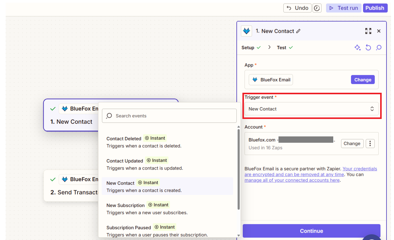 screenshot of bluefox email triggers in zapier